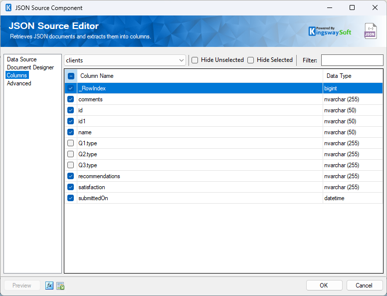 KingswaySoft JSON Source Editor showing data source configuration for clients with columns like _RowIndex, comments, and submittedOn.